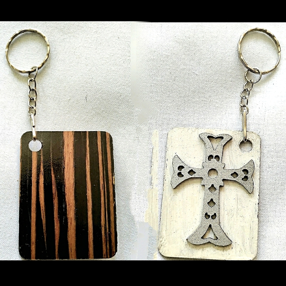 NEW Handmade Keychain Bag Tag! Italian Wood Sei Due6, Victorian Steampunk Cross
